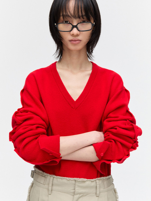 BUTTON SLEEVE V - NECK KNIT , RED