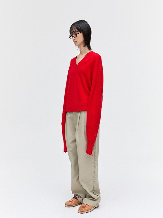 BUTTON SLEEVE V - NECK KNIT , RED