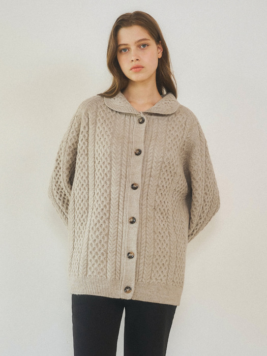 W/Allway High Neck Cable Wool Knit Cardigan 4color