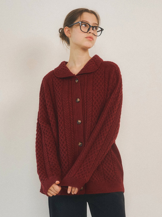 W/Allway High Neck Cable Wool Knit Cardigan 4color