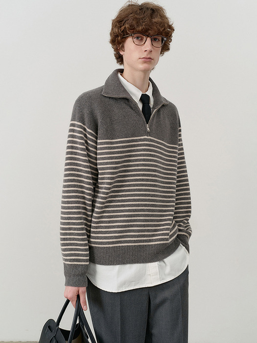 UNISEX STRIPED HALF ZIP-UP SWEATER CHARCOAL GREY / CREAM_M_UDSW4C103CG