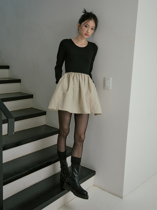 COLOR BLOCK SLIM KNIT DRESS_BLACK BEIGE