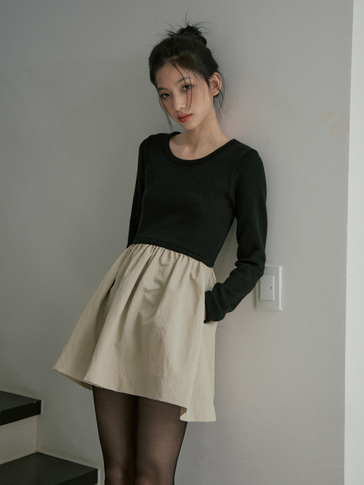 COLOR BLOCK SLIM KNIT DRESS_BLACK BEIGE