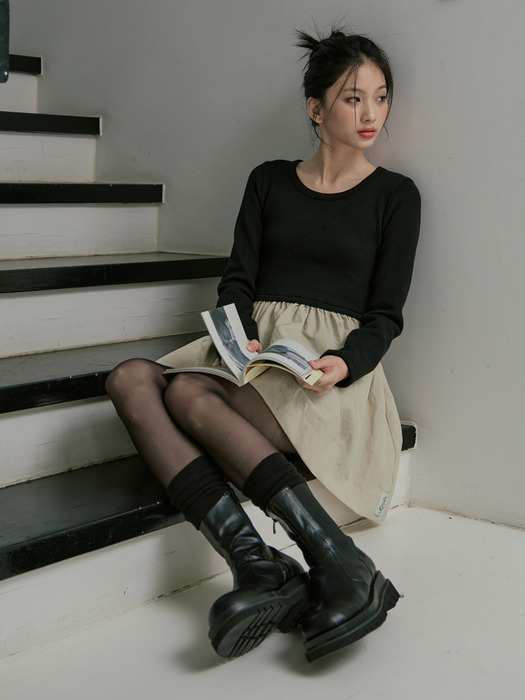 COLOR BLOCK SLIM KNIT DRESS_BLACK BEIGE