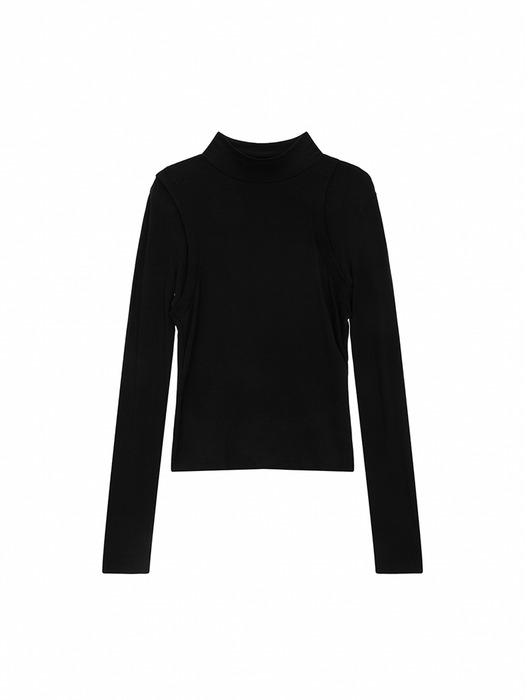 RIB LAYERED HALF NECK LONG SLEEVE TOP IN BLACK