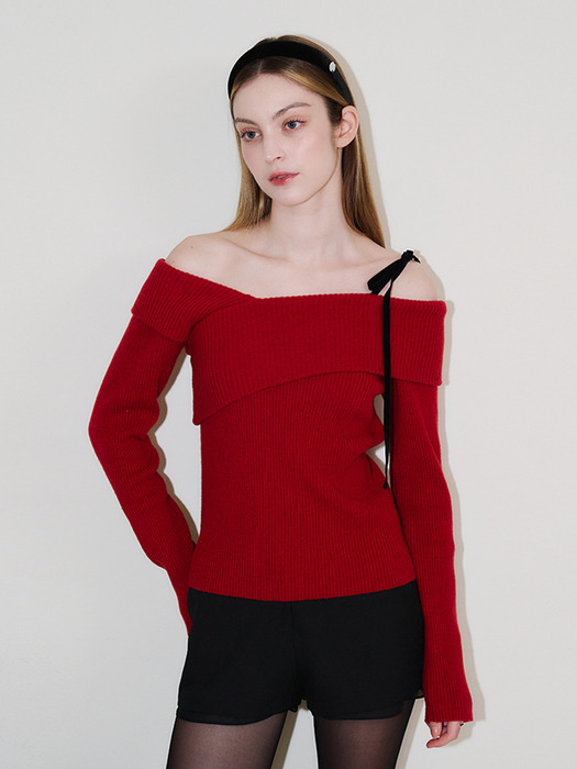 VELVET TIE OFF-SHOULDER KNIT-RED