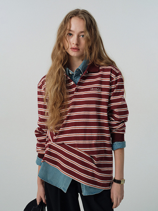 UNISEX MULTI STRIPE COLLARED T-SHIRT BURGUNDY STRIPE_UDTS5A109D2