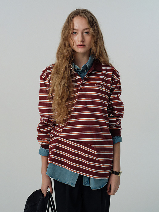 UNISEX MULTI STRIPE COLLARED T-SHIRT BURGUNDY STRIPE_UDTS5A109D2