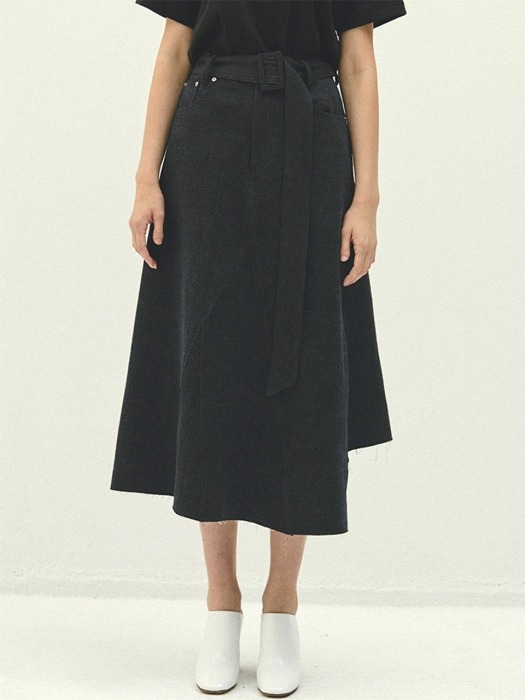BLACK belted patchwork denim skirts(IB013)