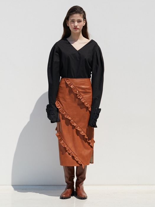 FRILL LEATHER SKIRT_BROWN