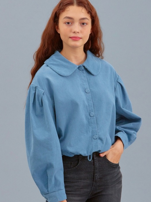 iuw519 corduroy round collar string blouse (skyblue)
