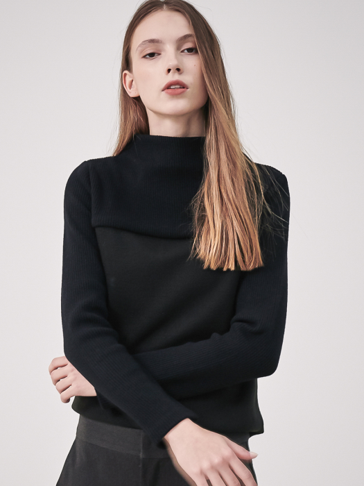 Rib Patched High-Neck Knit_Black