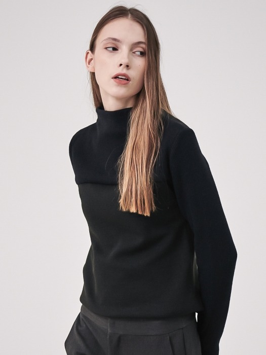 Rib Patched High-Neck Knit_Black