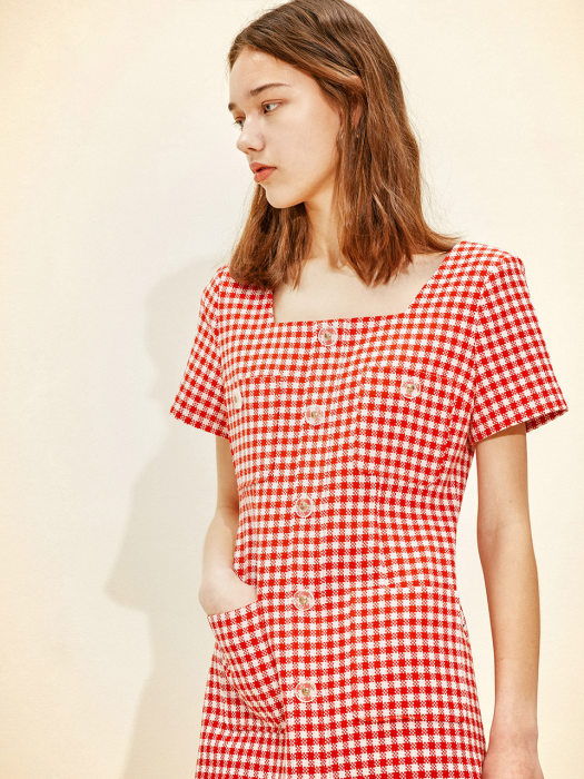 Square-neck Mini Dress [Red Gingham check] JSDR0B900P2