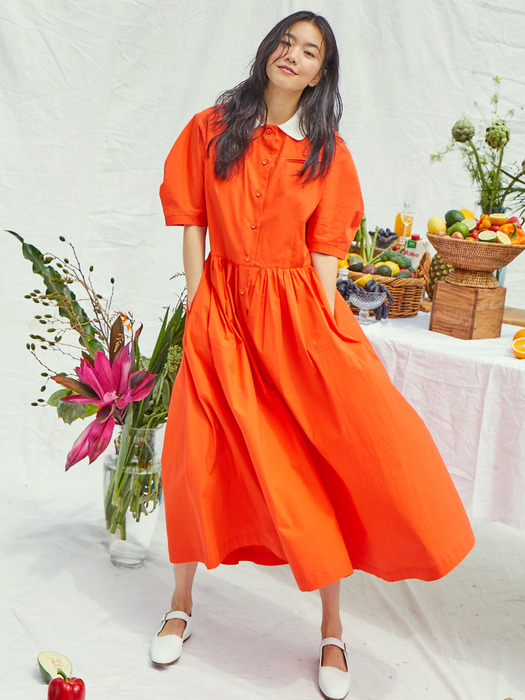 [20SS] MELROSE round collar over sized shirt dress (Tomato red)