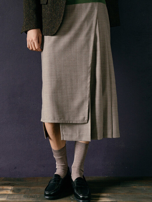 BROWN WOOL BLEND PLEATS WRAP SKIRT 