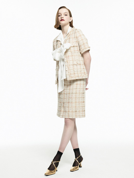 [Tweed] Fringed Tweed Jacket + H-line Skirt SET