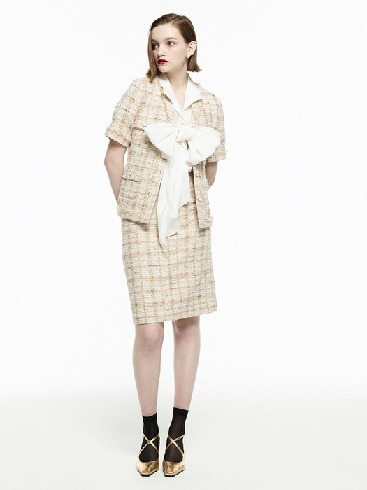 [Tweed] Fringed Tweed Jacket + H-line Skirt SET