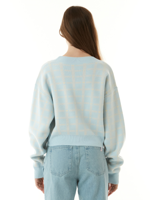 (CD-21131) CHECK JACQUARD CROP KNIT CARDIGAN LIGHT BLUE