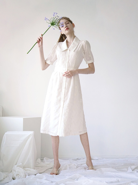 Flower Embroidery Puff Long Dress_ Ivory