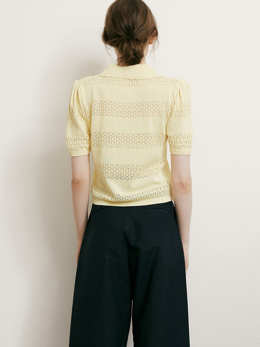 comos541 Crochet Collar Ribbon Knitwear (yellow)