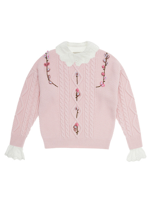 [N][SET]APGUJEONG Ruffled eyelet collar blouse (Off white) & CAMELLIA cable flower sweater (Baby pink, Cream)