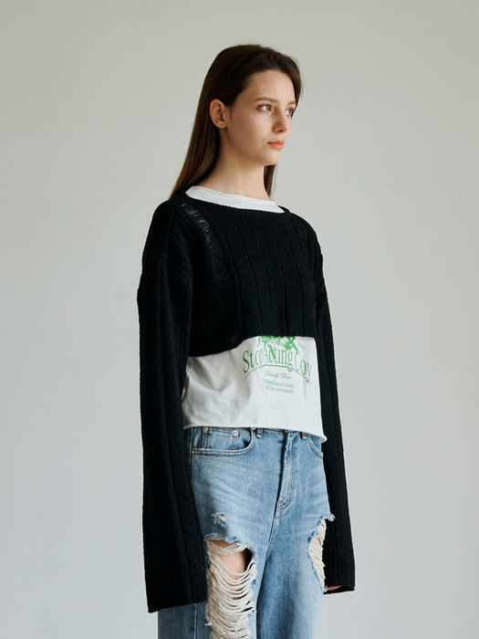 Distressed Cropped Sweater Black