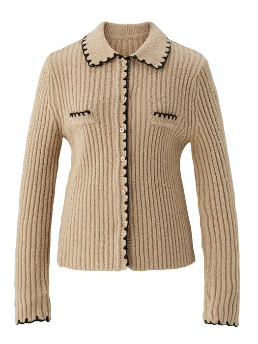 Embroidery collar knit top - Beige