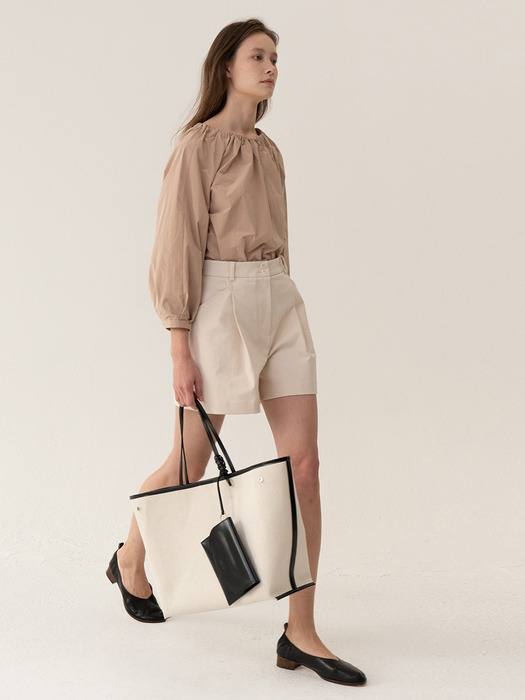 Leather-Trimmed Canvas Tote Ecru