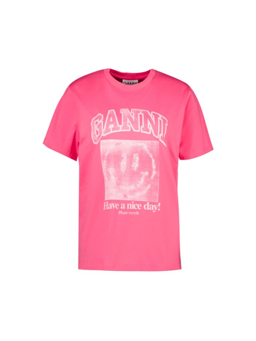 GANNI 가니 스마일 페이스 핑크 반팔 티셔츠 T3072 530