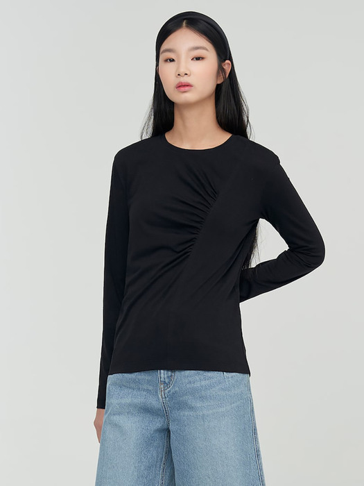 Round Neck Shirring Jersey Top  Black (KE2240M055)