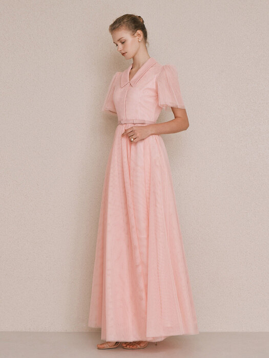 DIAMANT Pointed collar tulle maxi dress (Pink)