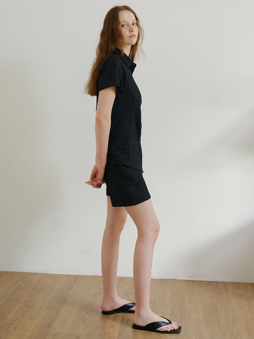 (set) wavy slim fit shirt (black)+wavy banding shorts (black)