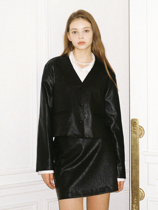 j1066 [SET] line leather short jacket+line leather mini skirt (black)