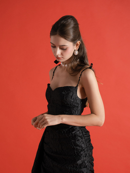 Black Jacquard Shirring Unbalance dress