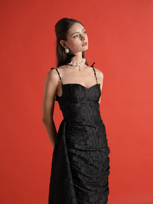 Black Jacquard Shirring Unbalance dress