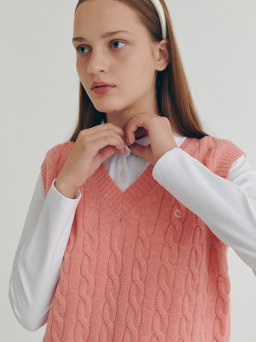 Cable Wool V-Neck Vest (Pink)