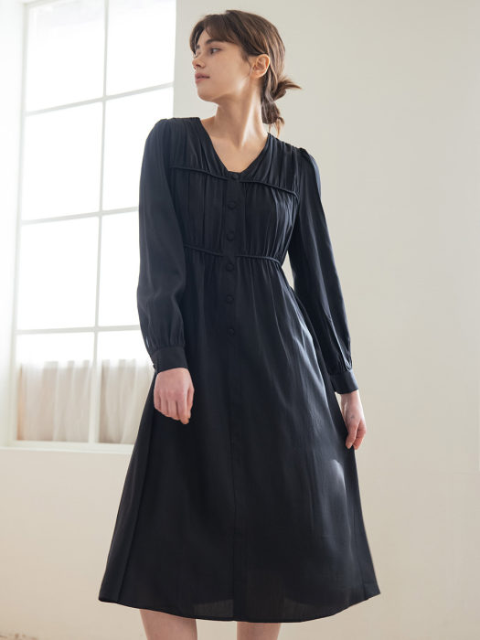 WED_Button v-neck pleated dress_BLACK