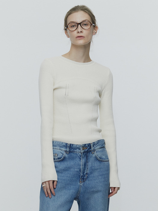 BACK HOLE RIBBED PULLOVER_IVORY