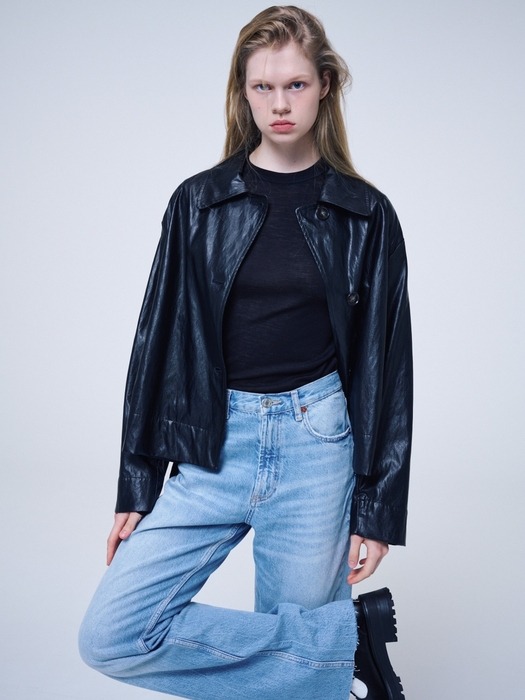 Unbalanced Faux Leather Jacket, black