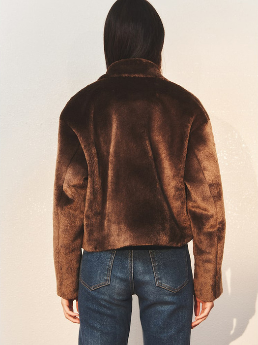 Volume Sleeve Faux Fur Crop Jacket  Brown (KE3X3VM01D)