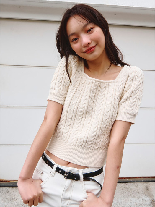 Puff Short Sleeve Cable Knit Pullover  Ivory (KE4151M010)