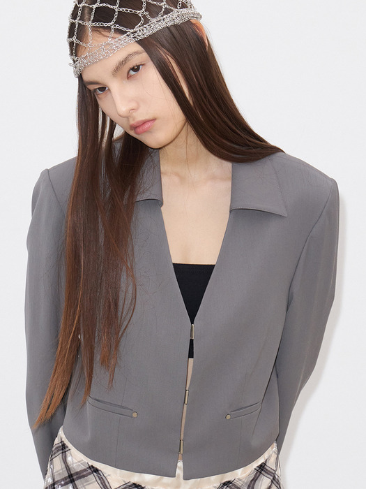 COLLAR DETAIL CROPPED JACKET(GREY)