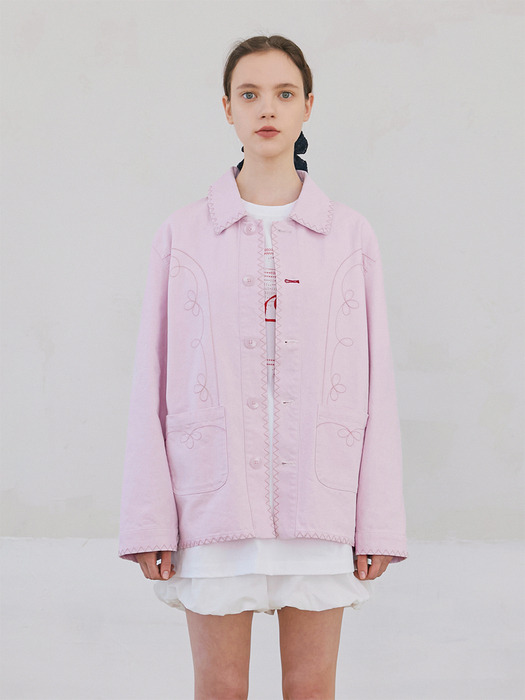 Floral Stitch French Work Jacket - Light Pink