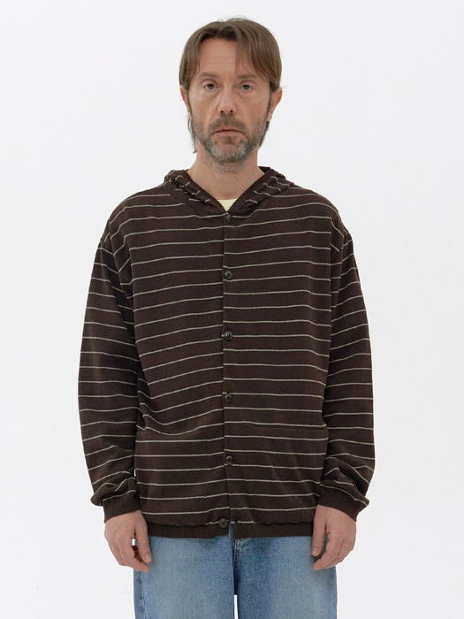 [Men] Hemp Cotton Stripe Hooded Cardigan (Brown)