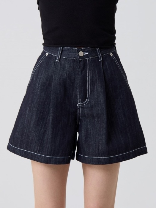 에센셜 원턱 데님 쇼츠 인디고_Essential One Tuck Denim Shorts Indigo