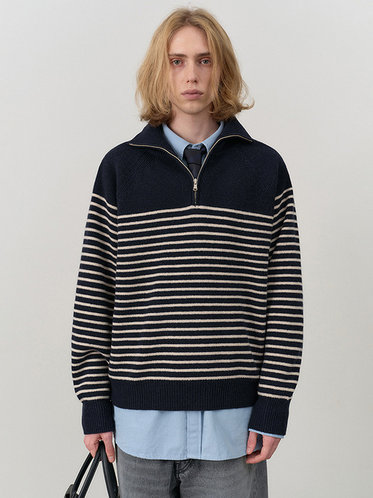 UNISEX STRIPED HALF ZIP-UP SWEATER FRENCH NAVY / CREAM_M_UDSW4C103N2