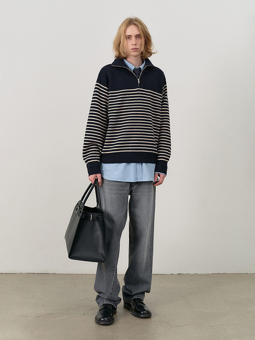 UNISEX STRIPED HALF ZIP-UP SWEATER FRENCH NAVY / CREAM_M_UDSW4C103N2