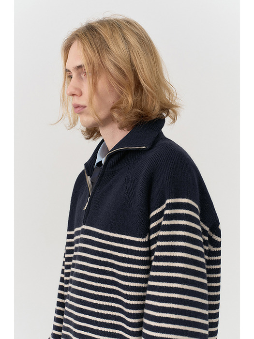 UNISEX STRIPED HALF ZIP-UP SWEATER FRENCH NAVY / CREAM_M_UDSW4C103N2