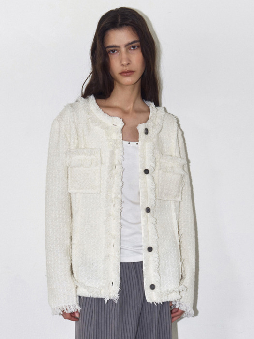 FRINGED TWEED JACKET, IVORY